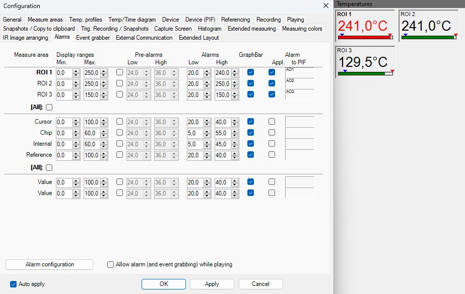 PixConnect temperature measurement software with alarm